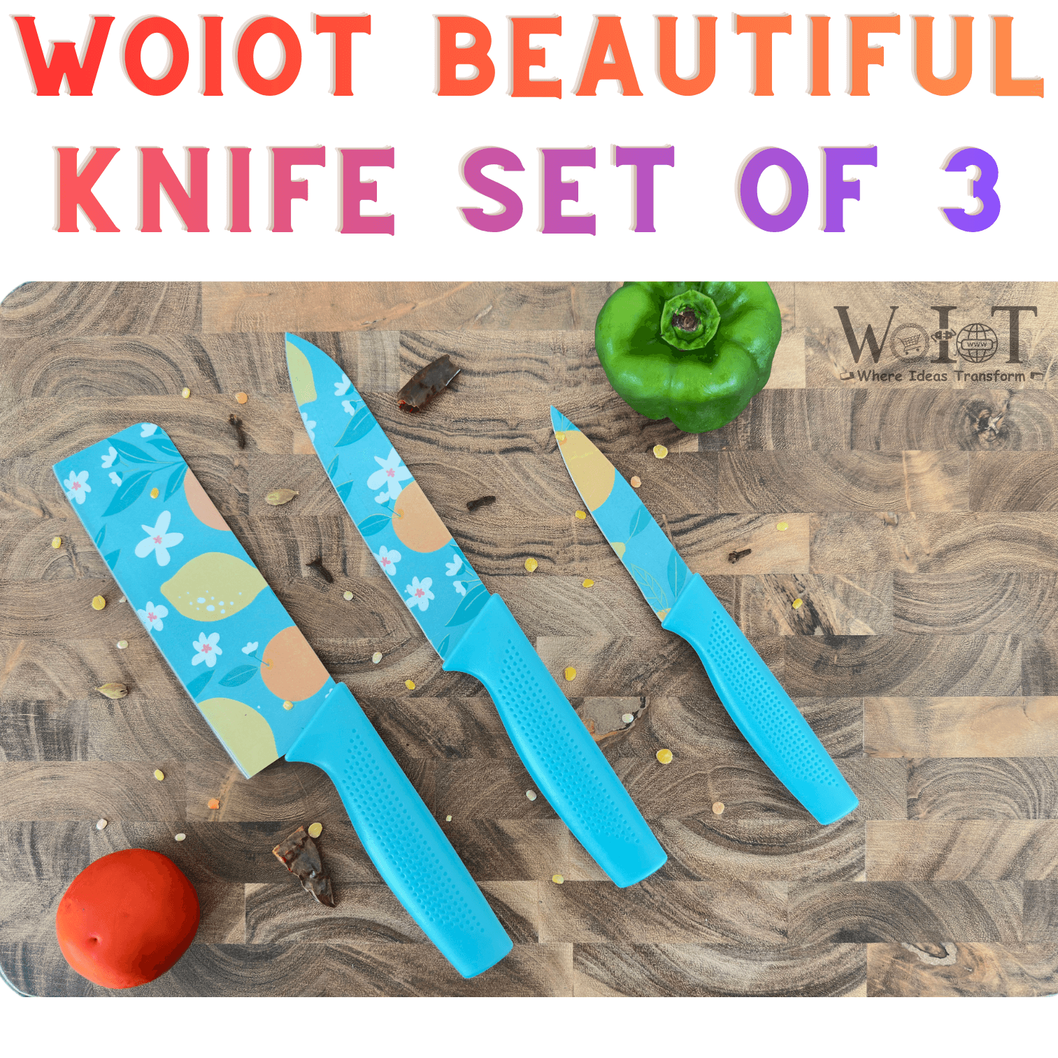 WoIoT Professional 3-Piece Kitchen Knife Set (Blue) image 2