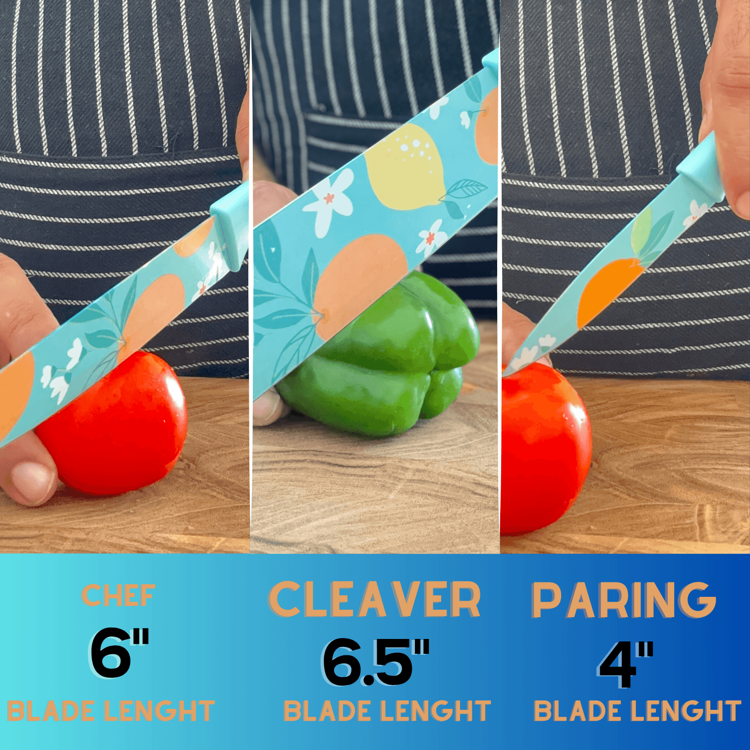 WoIoT Professional 3-Piece Kitchen Knife Set (Blue) image 4