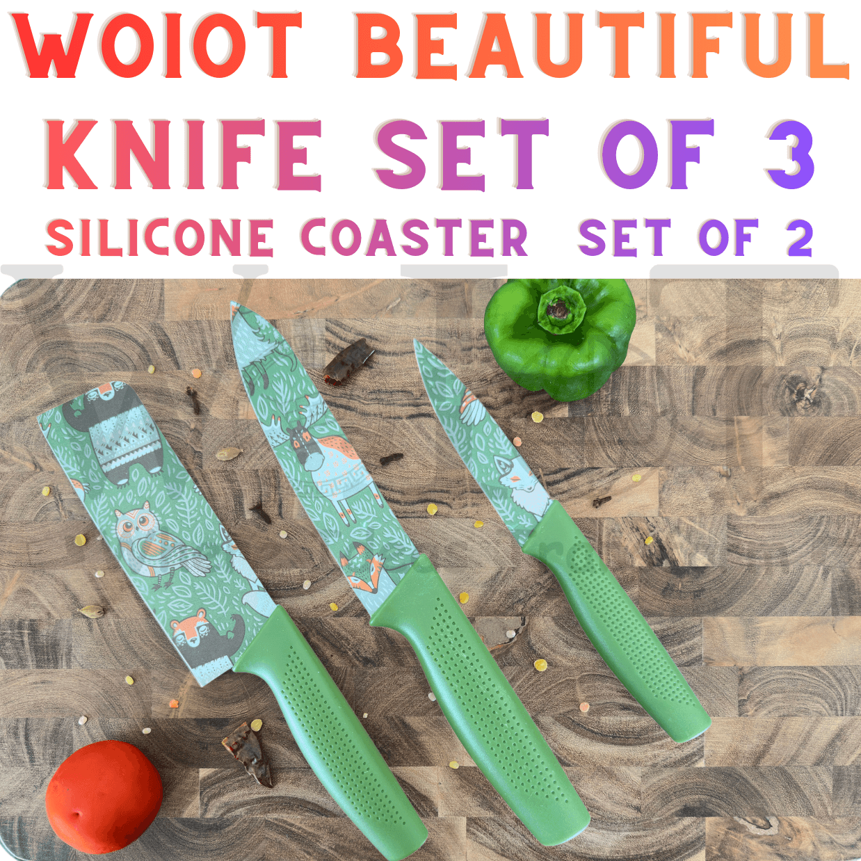 WoIoT Professional 3-Piece Kitchen Knife Set (Green) image 2