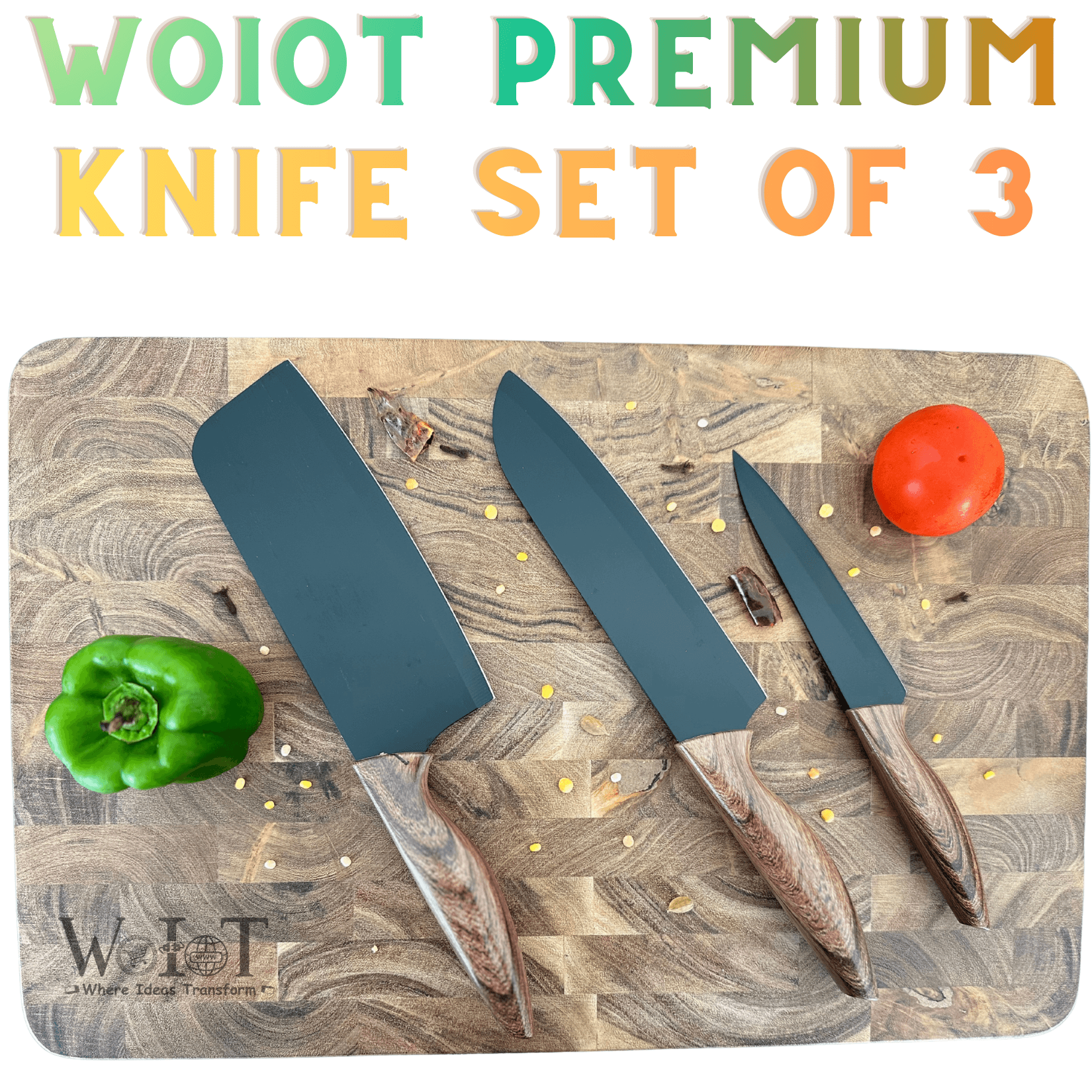 WoIoT Premium 3-Piece Kitchen Knife Set with Wooden Handle image 2