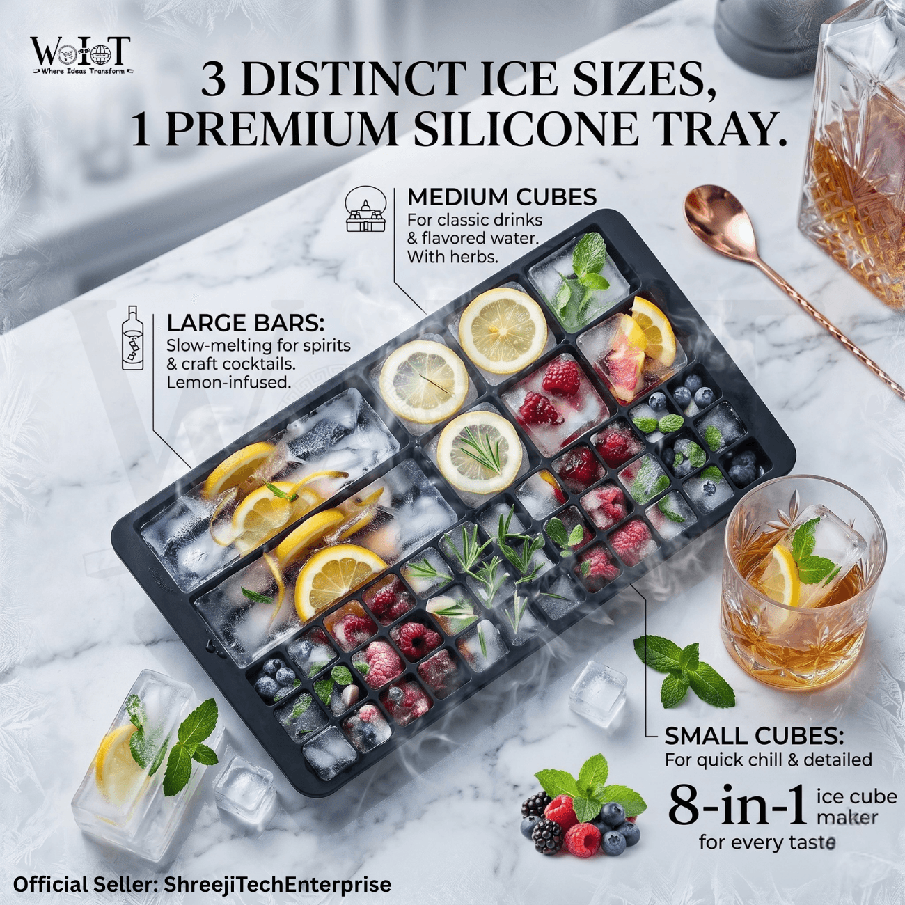 WoIoT Silicone Ice Cube Tray | Multi-Shape Cube & Stick Ice Mould (46 ice Cubes) | BPA-Free Flexible Freezer Tray for Easy Release, Cocktails, Whiskey, Coffee & Drinks (Multicolor) 1 Tray image 2