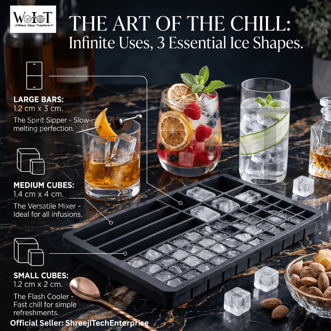 WoIoT Silicone Ice Cube Tray | Multi-Shape Cube & Stick Ice Mould (46 ice Cubes) | BPA-Free Flexible Freezer Tray for Easy Release, Cocktails, Whiskey, Coffee & Drinks (Multicolor) 1 Tray image 4