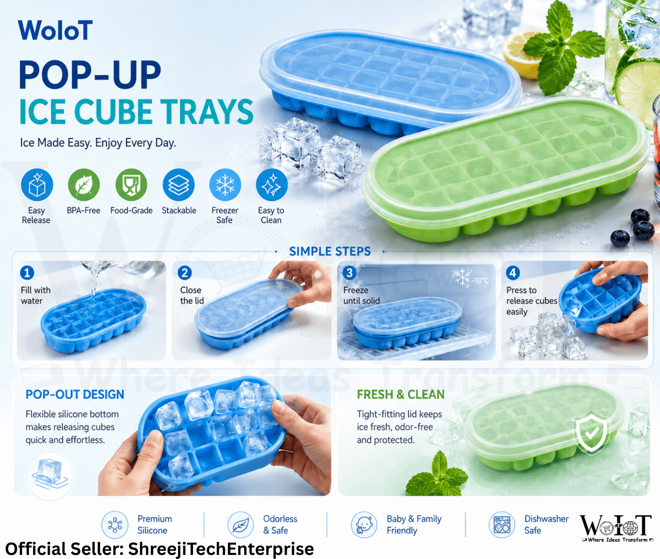 WoIoT Pop-Up Silicone Ice Cube Tray Set (2 Pcs) with Lids image 2